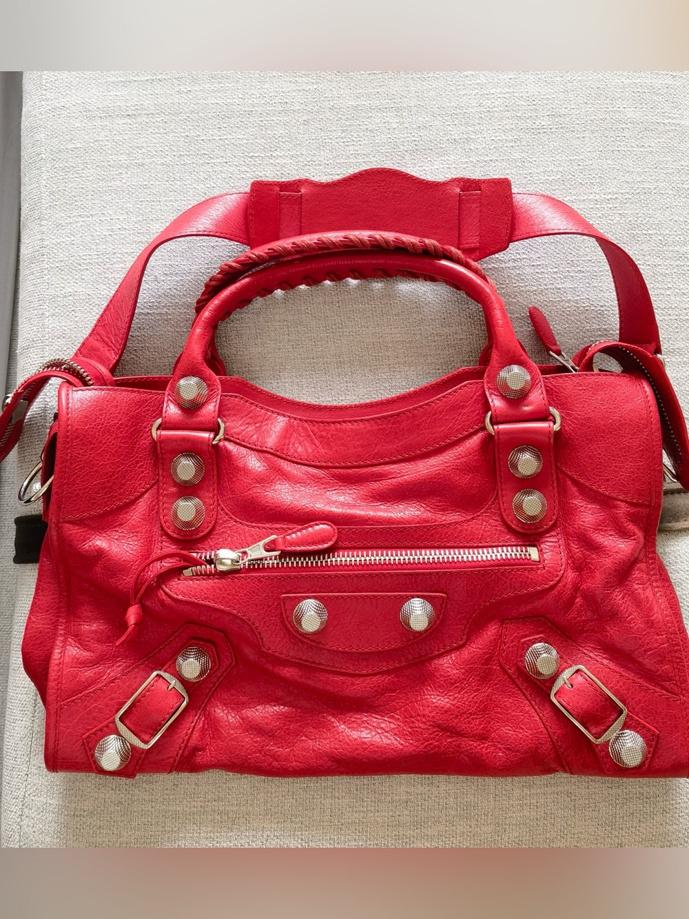 Balenciaga Red Leather Shoulder Bag with Silver Hardware